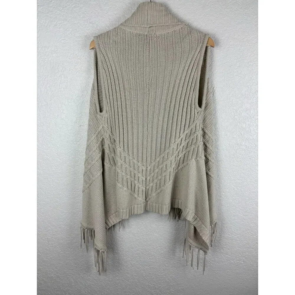 August Silk Womens‎ Shrug Cardigan Small Beige Fringe Western Grandma MINOR FLAW